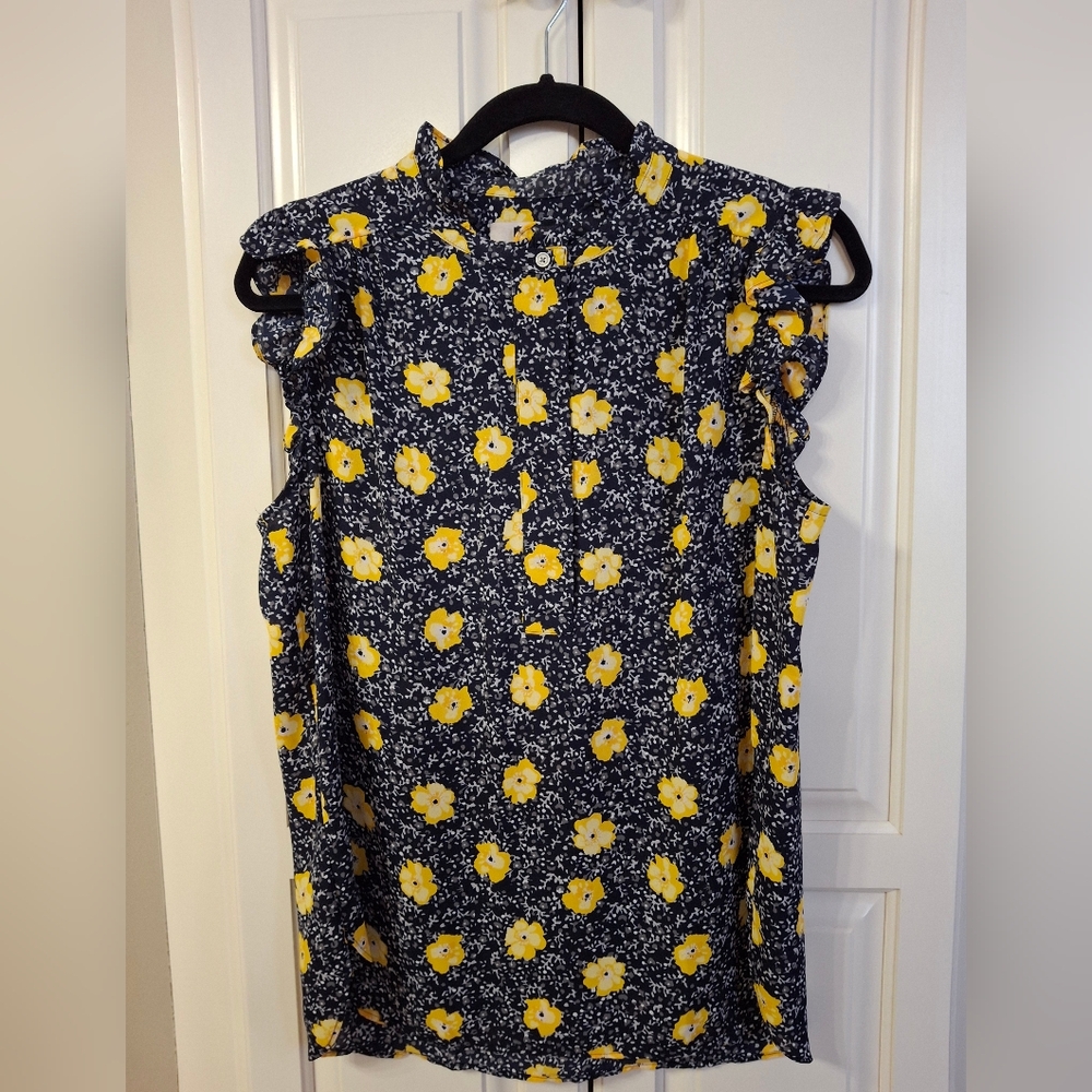 LOFT Navy Floral Sleeveless Ruffle Mock Neck Top with Yellow Flowers